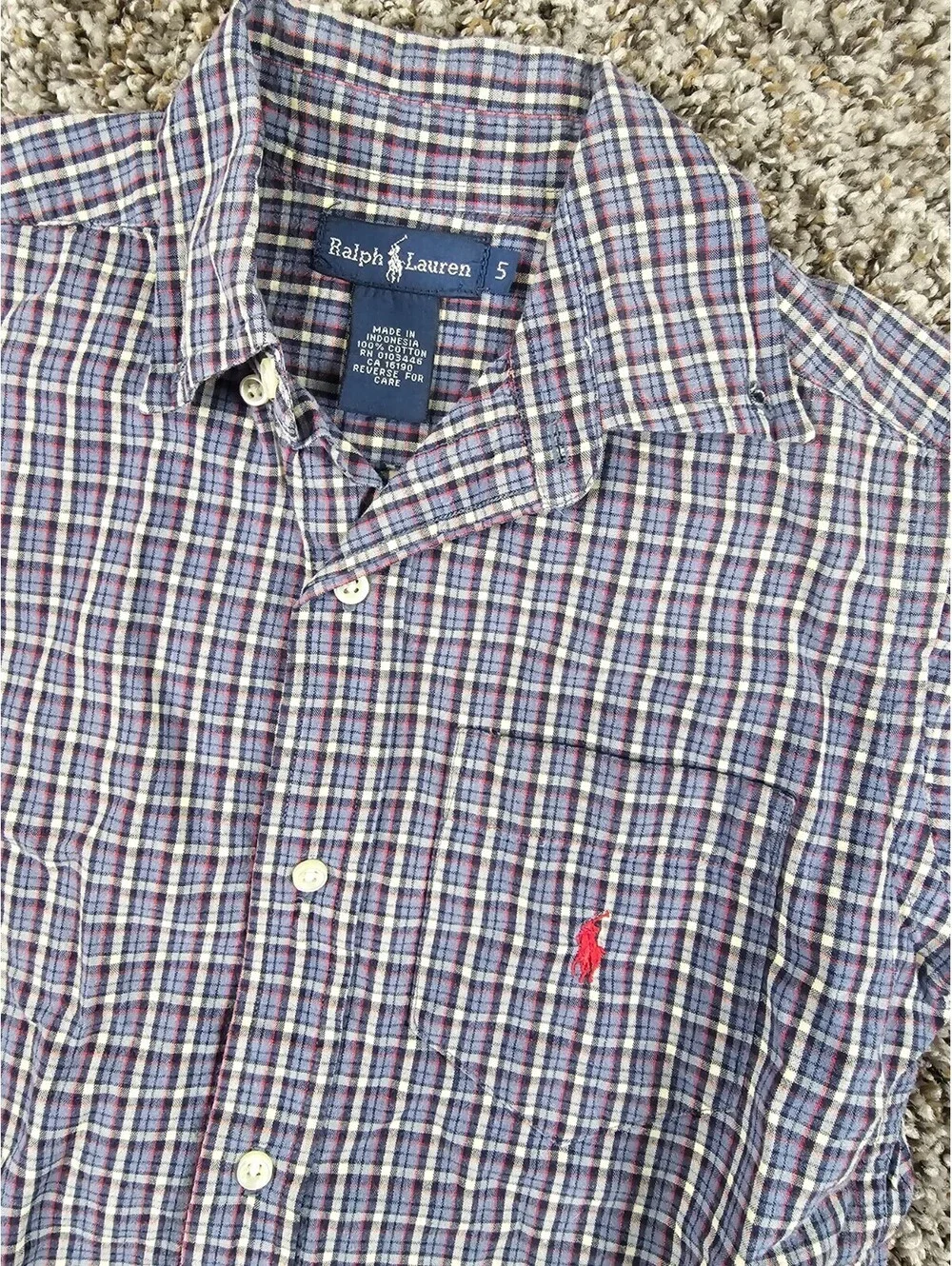 Vtg Ralph Lauren Boys Sz 5 Short Sleeve Button Up Plaid Shirt Blue Cotton